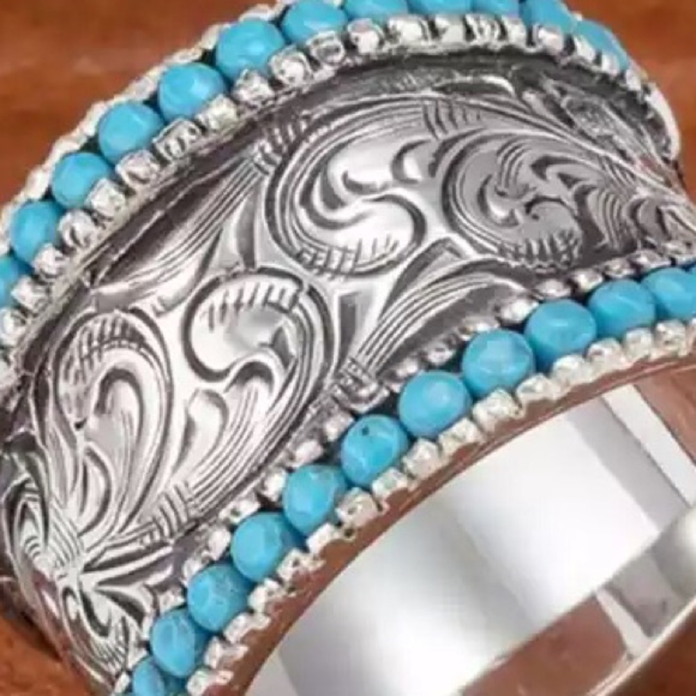 Turquoise Beaded Etched Silver Etched Boho Ring - Picture 5 of 5